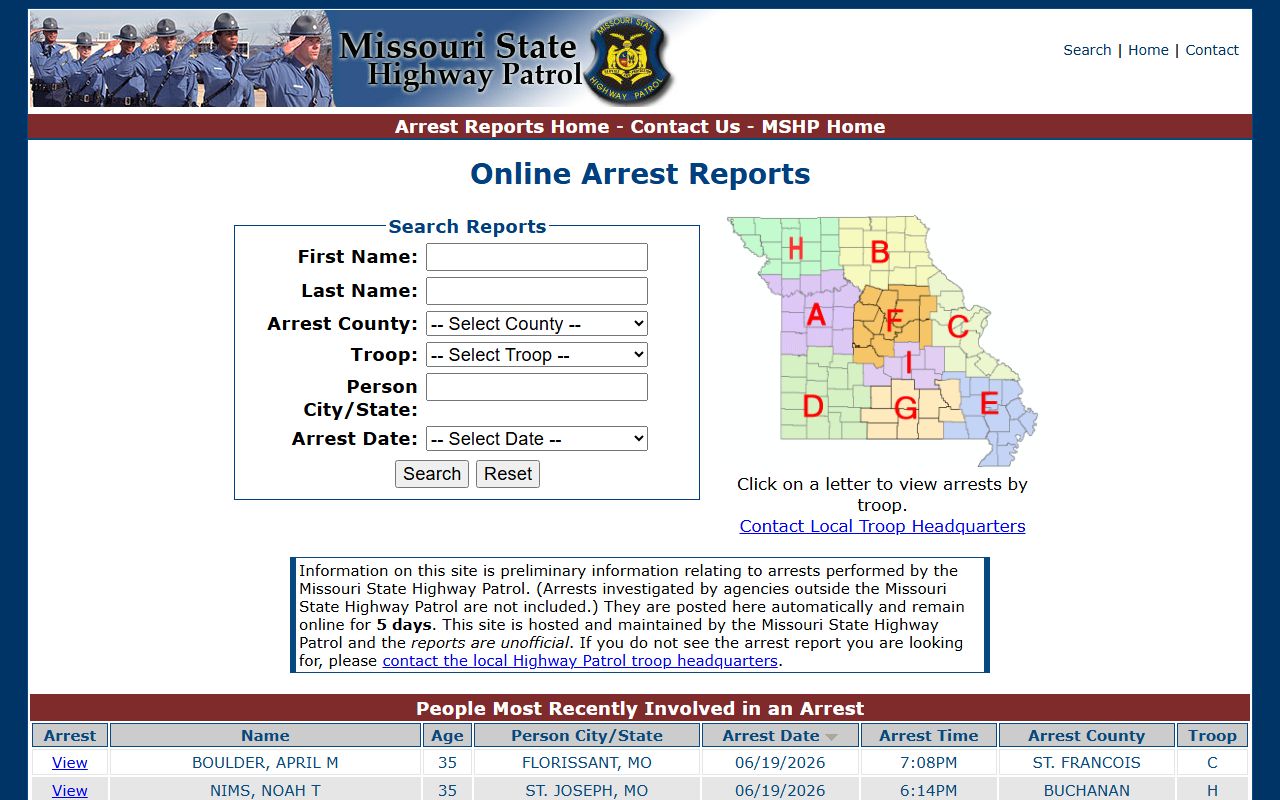 Barton County jail mugshots related MSHP arrest report search page